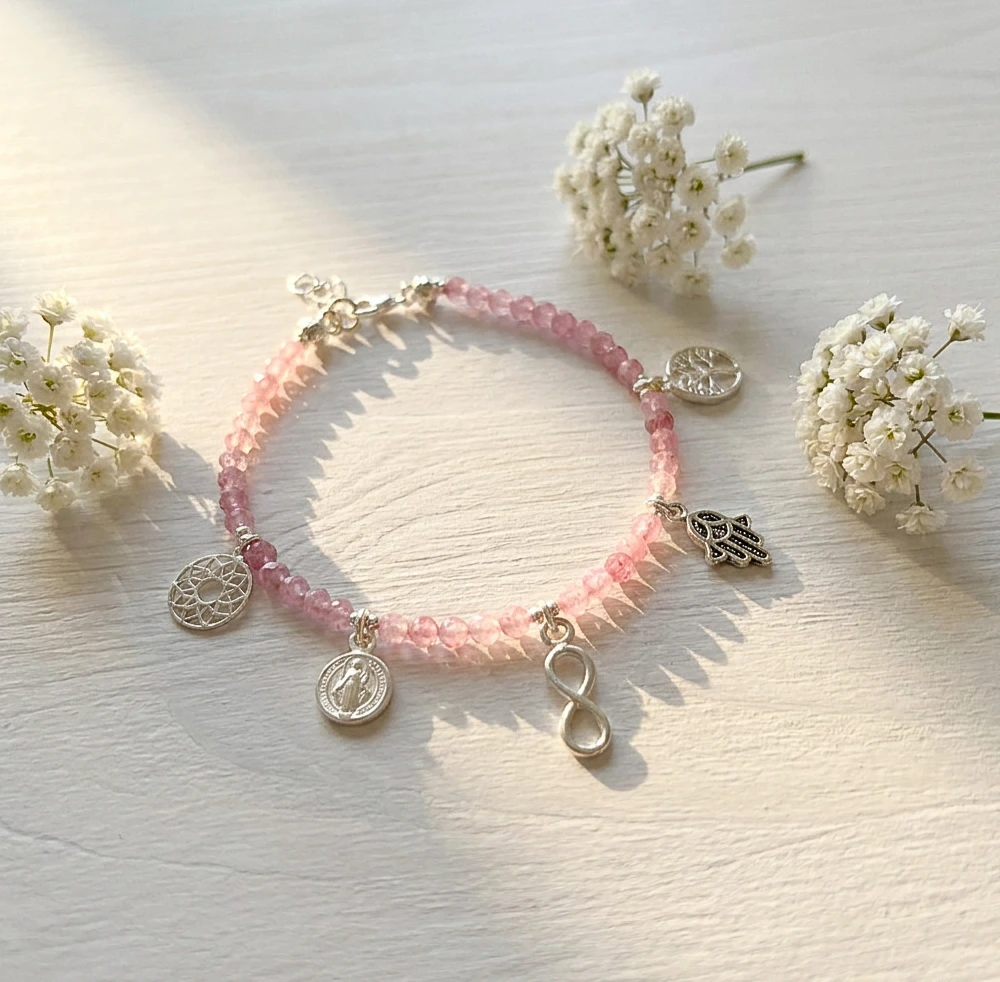 Pulsera de cuarzo rosa natural con plata