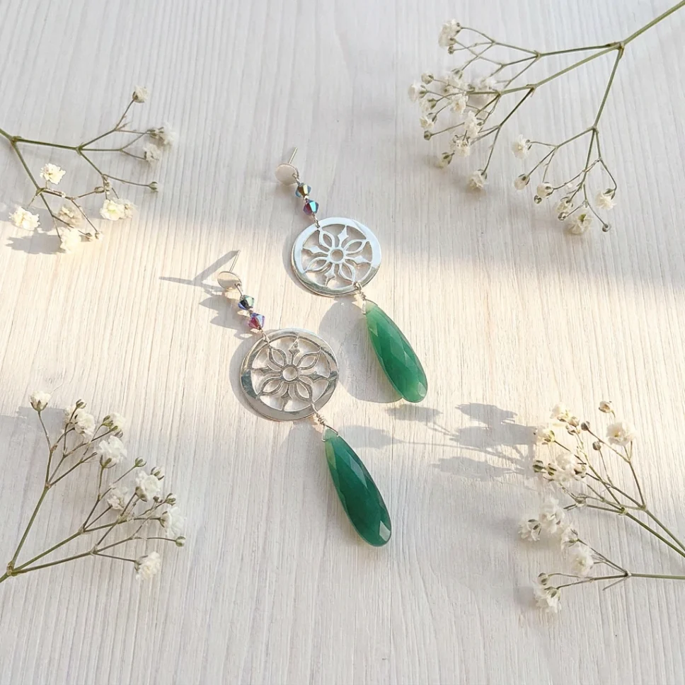 Aros con mandala - aventurina natural - cristales swarovski