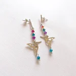 Aros largos colibrí de plata con diseño origami