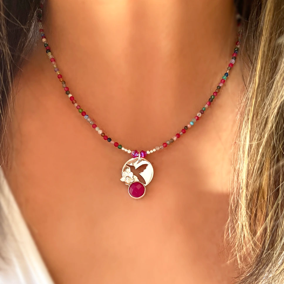 Collar colibrí plata 950 con calcedonia fucsia