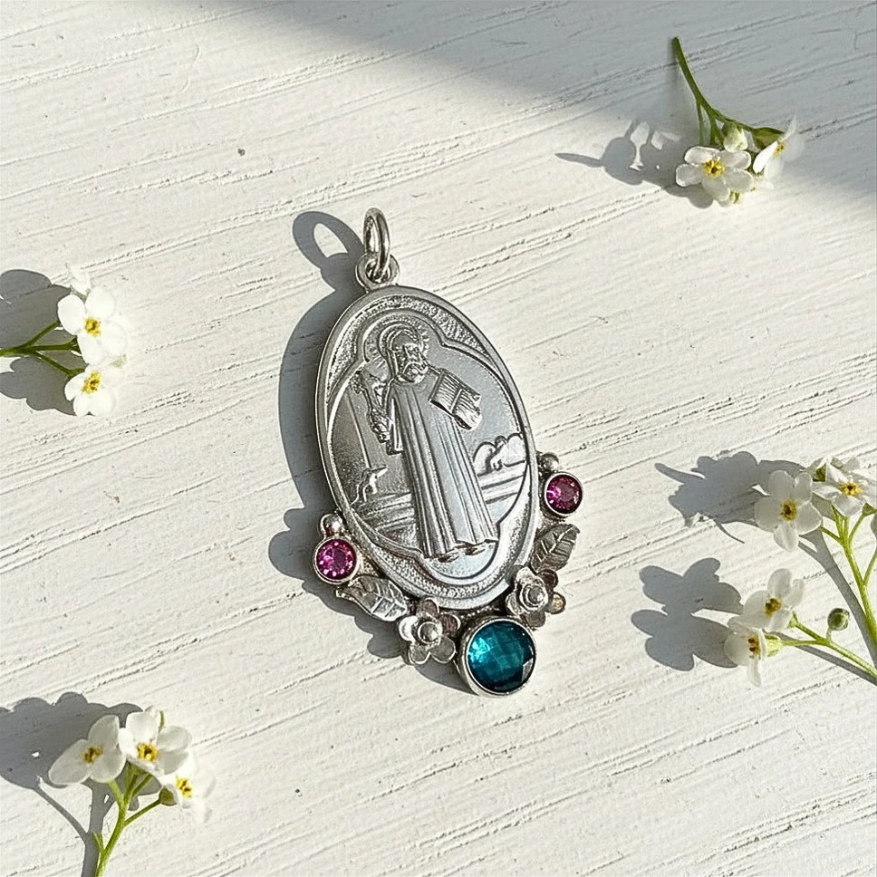 San Benito con detalles florales en plata