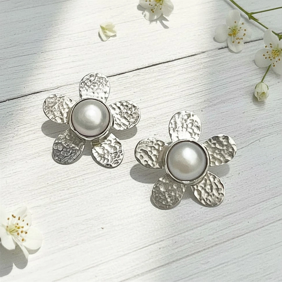 Aros flor - perlas naturales