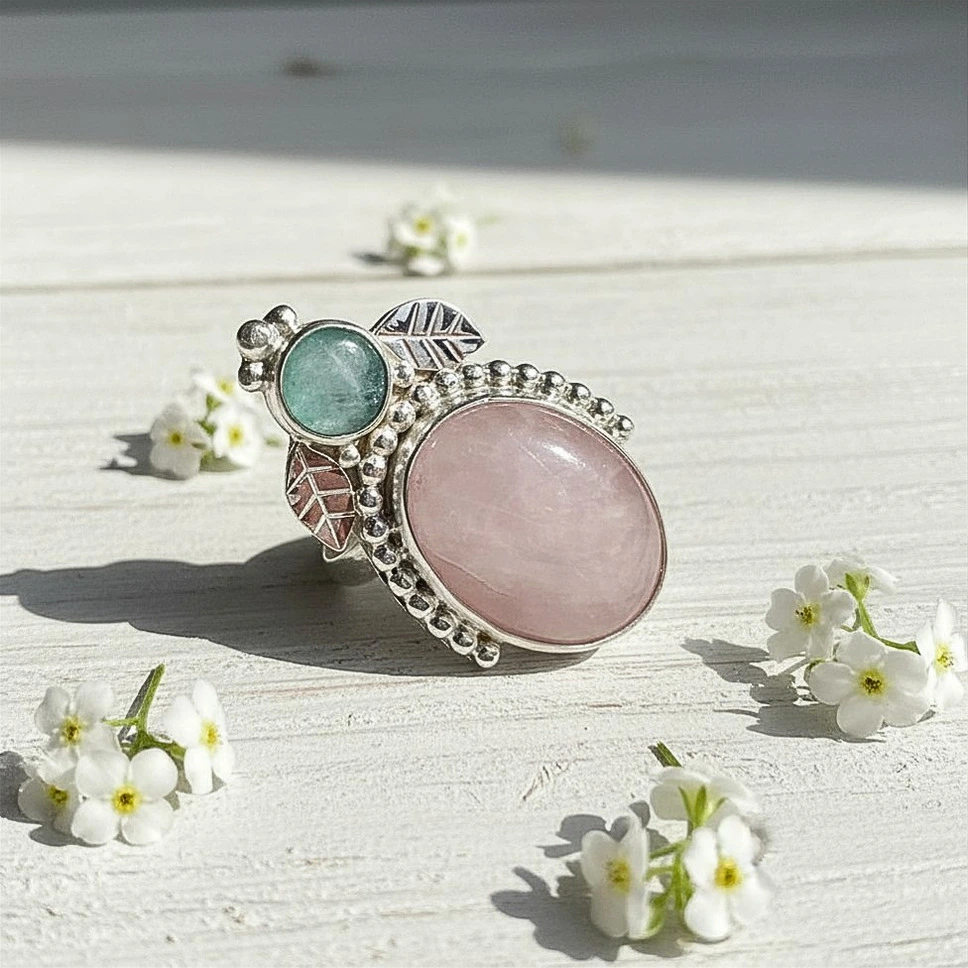 Anillo con cuarzo rosa natural