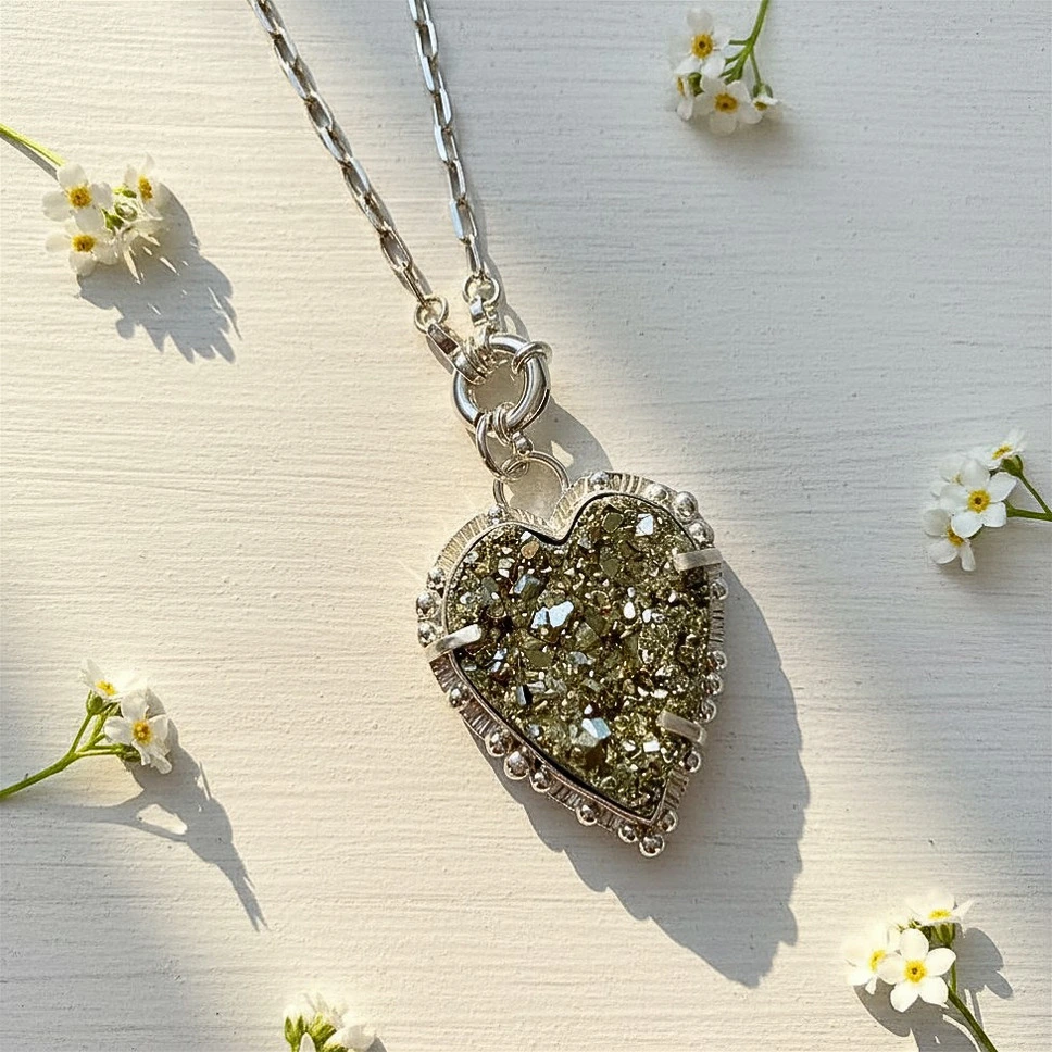 Colgante de plata con corazón y pirita natural