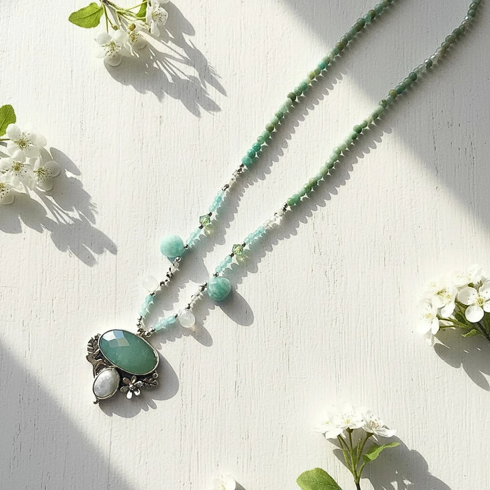 Collar hippie chic de tonos verdes con piedra natural y flores caladas