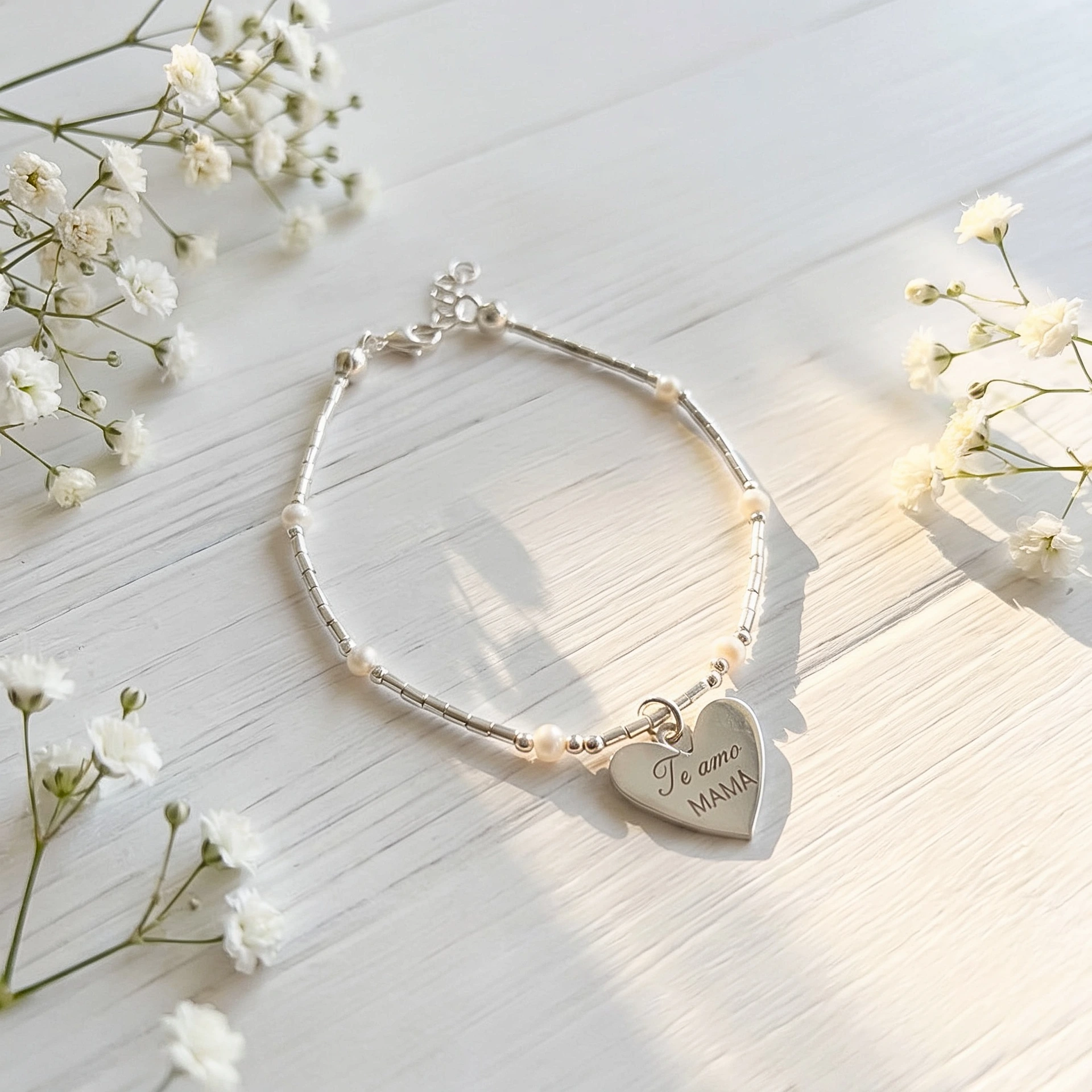 Pulsera corazón de mamá con perlas pulsera corazón de mama perlas naturales plata te amo mama
