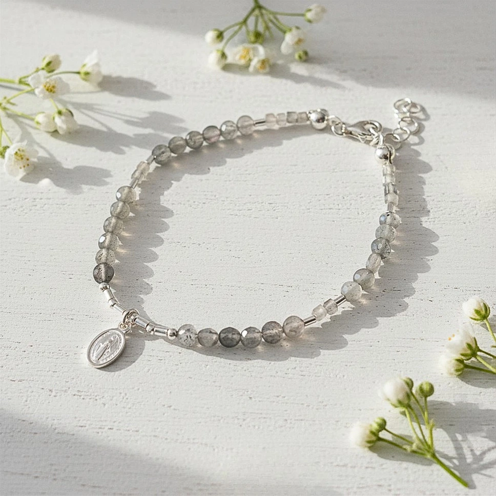 pulsera elena labradorita natural virgen de los rayos plata hecha a mano