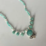 Collar de amazonitas naturales y perlas cultivadas con colgante de plata 950 hecho a mano Chile