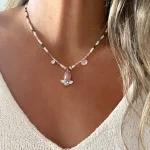 Collar Rodocrosita Rosalía con piedras naturales multicolor y colgante floral en plata 950 hecho a mano Chile