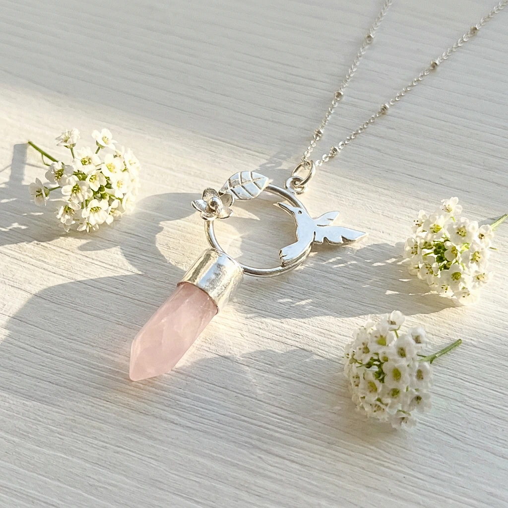 Colgante con una punta de cuarzo rosa natural