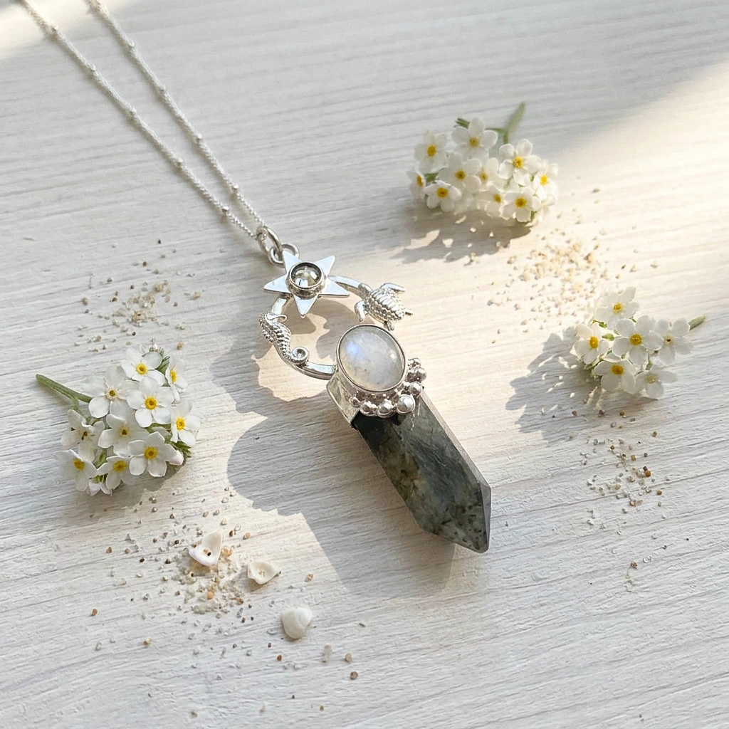 Colgante de autor con labradorita, piedra luna natural y cristal Swarovski en estrella plata 950 Chile
