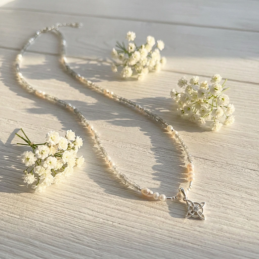 Collar elegante con perlas, labradorita y detalle central brillante Collar fino con colgante nudo de bruja en plata y piedras naturales