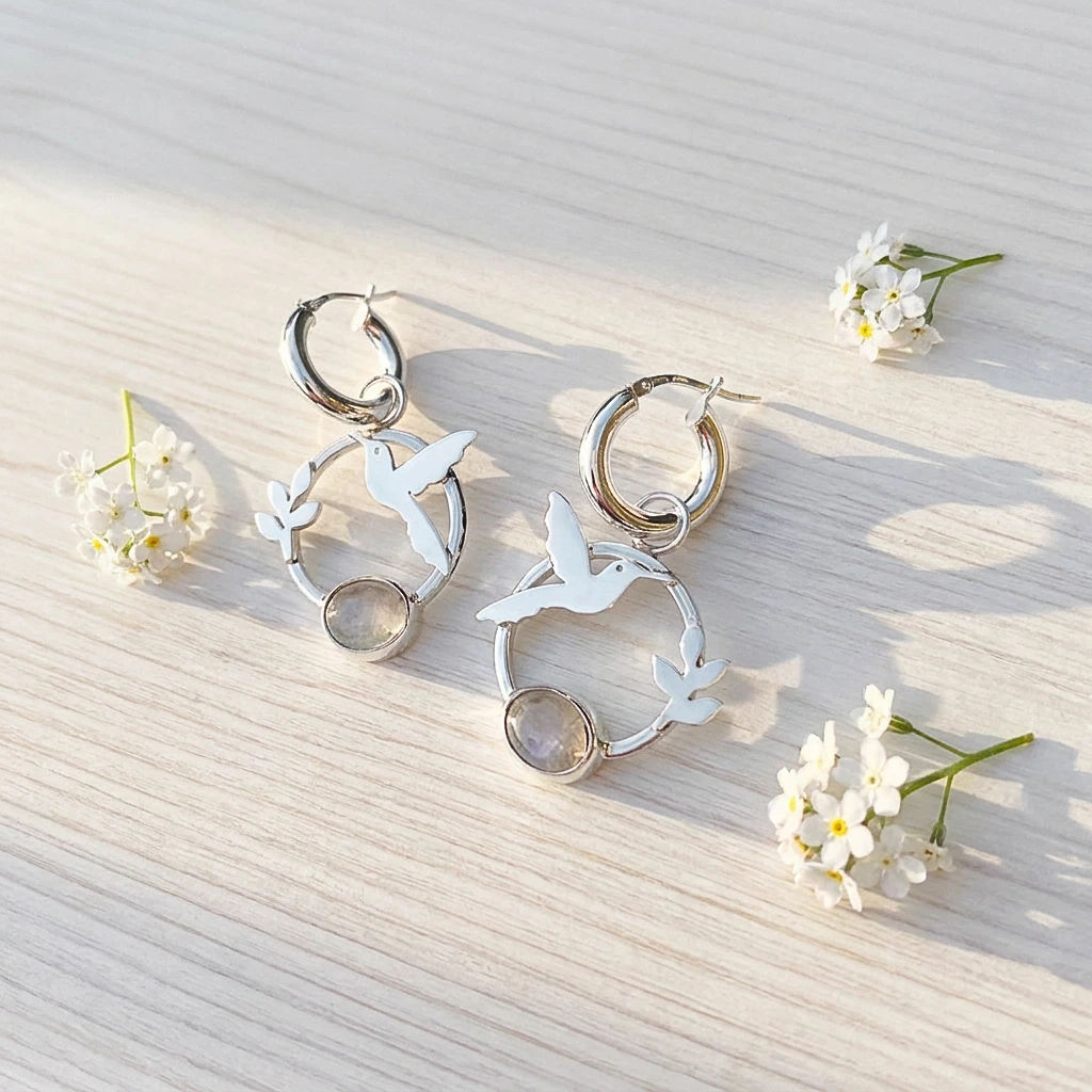 Aros colibrí Lilian con hoja y piedra a elección
