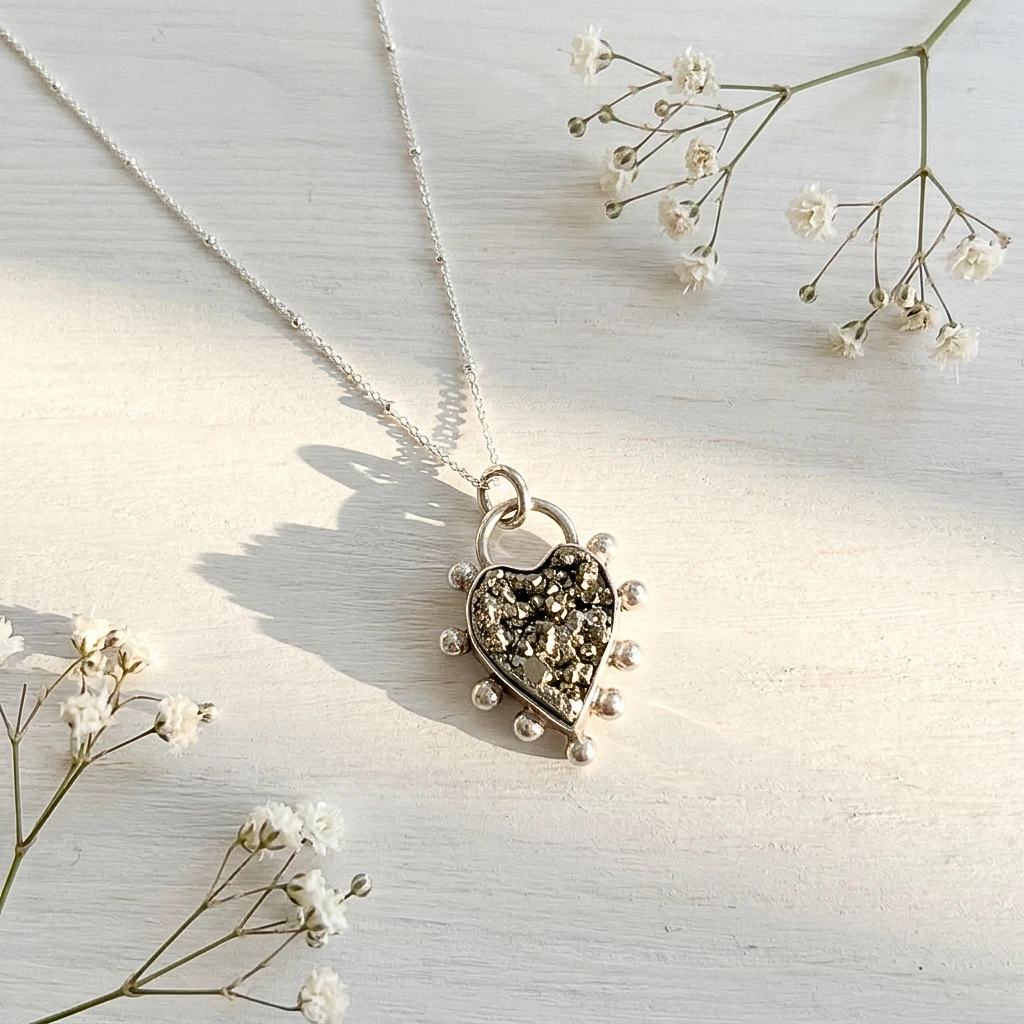 collar corazón pirita con detalles en plata