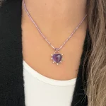 Joya artesanal con corazón de amatista natural única y cadena de amatistas facetadas plata 950 Chile