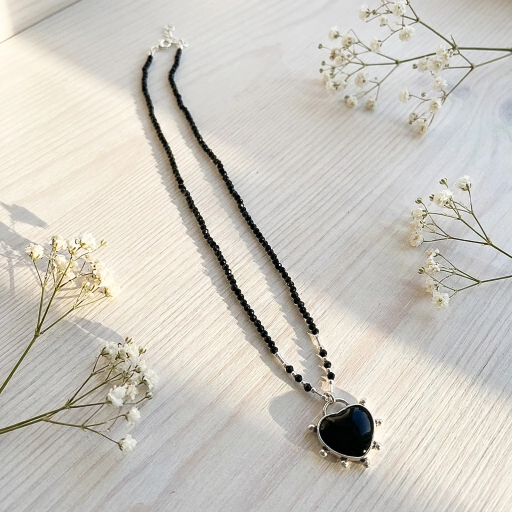 Collar Artesanal Negro Elegante con Corazón de Ónix y Plata 950 | Pilar Segura Orfebre Chile Collar Corazón Ónix con piedra natural negra y plata 950 hecho a mano - Pilar Segura Orfebre Chile
