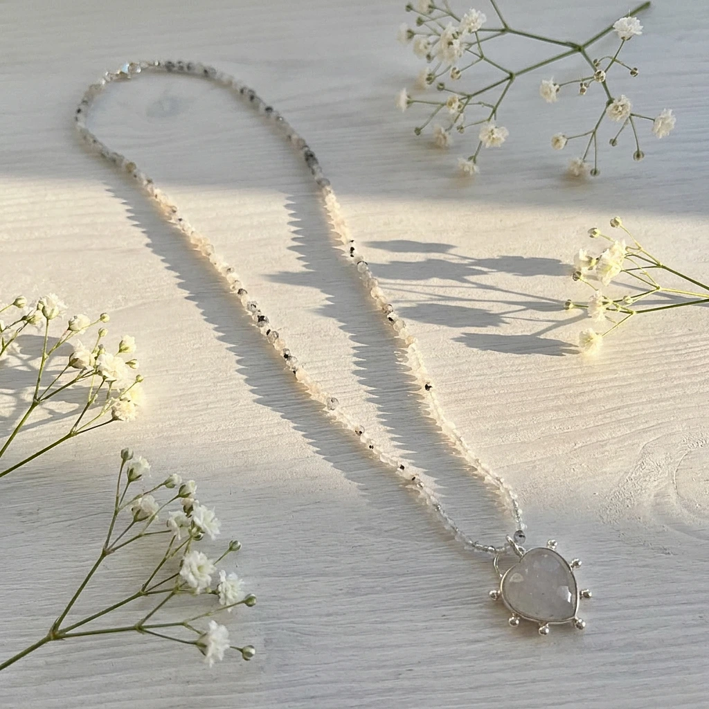 Collar Artesanal Luminoso con Corazón de Cuarzo y Piedra Luna en Plata 950 | Pilar Segura Orfebre Collar Corazón Claridad con cuarzo y piedra luna naturales en plata 950 - Pilar Segura Orfebre Chile