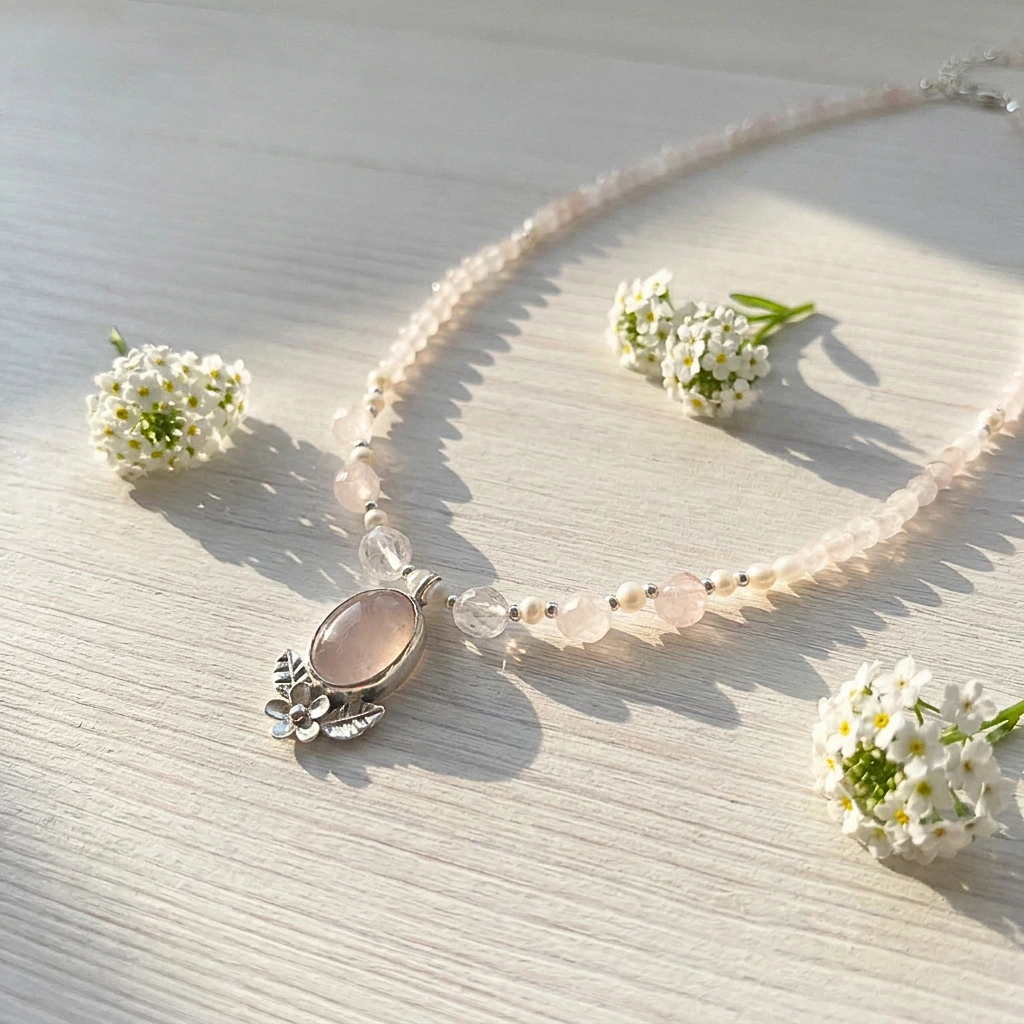 Collar Ana Inés cuarzo rosa y perlas naturales