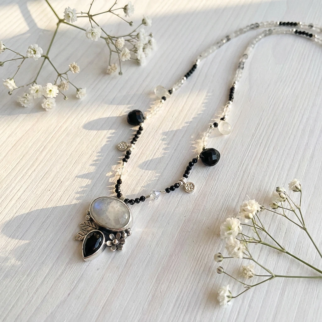 Detalle del colgante con flores y hojas en plata y piedra luna