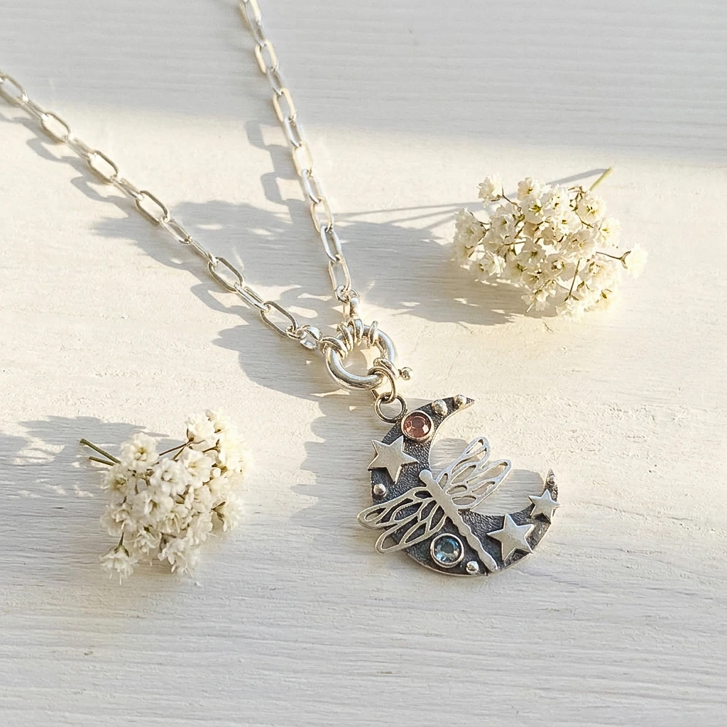 Colgante luna con libélula en plata 950 y cristales Swarovski