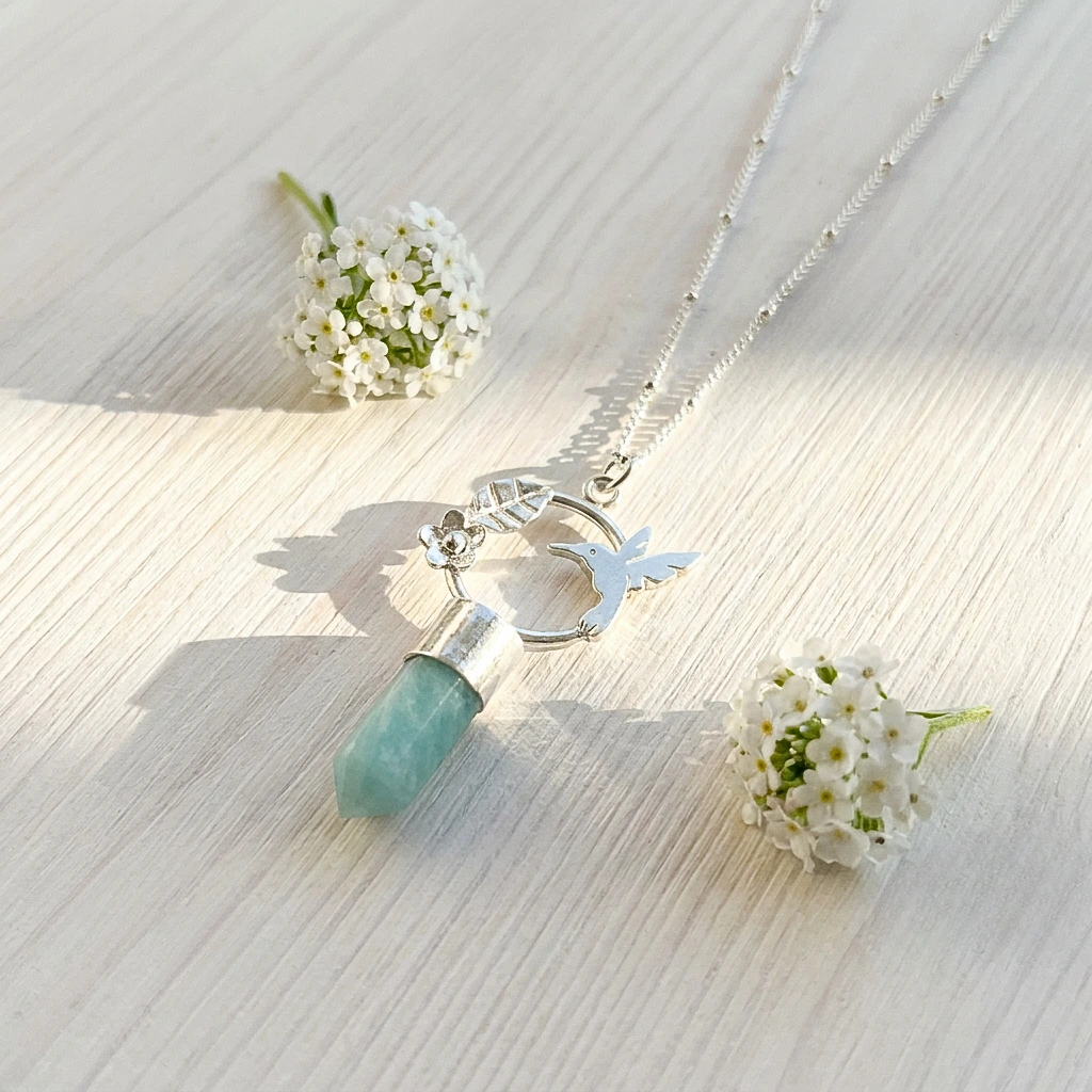 Punta de larimar natural con colibrí de plata