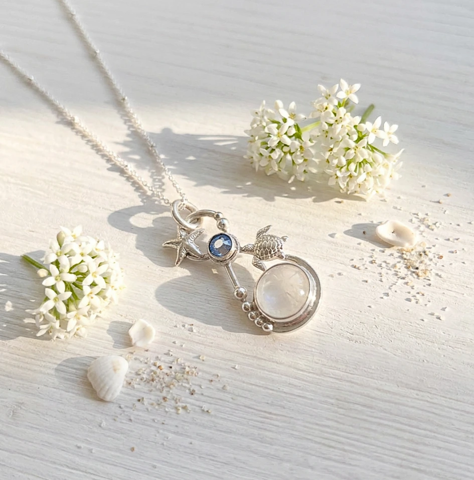 Colgante mini esfera energía marina cuarzo cristal colgante cuarzo cristal giratorio plata estrella mar tortuga joya artesanal