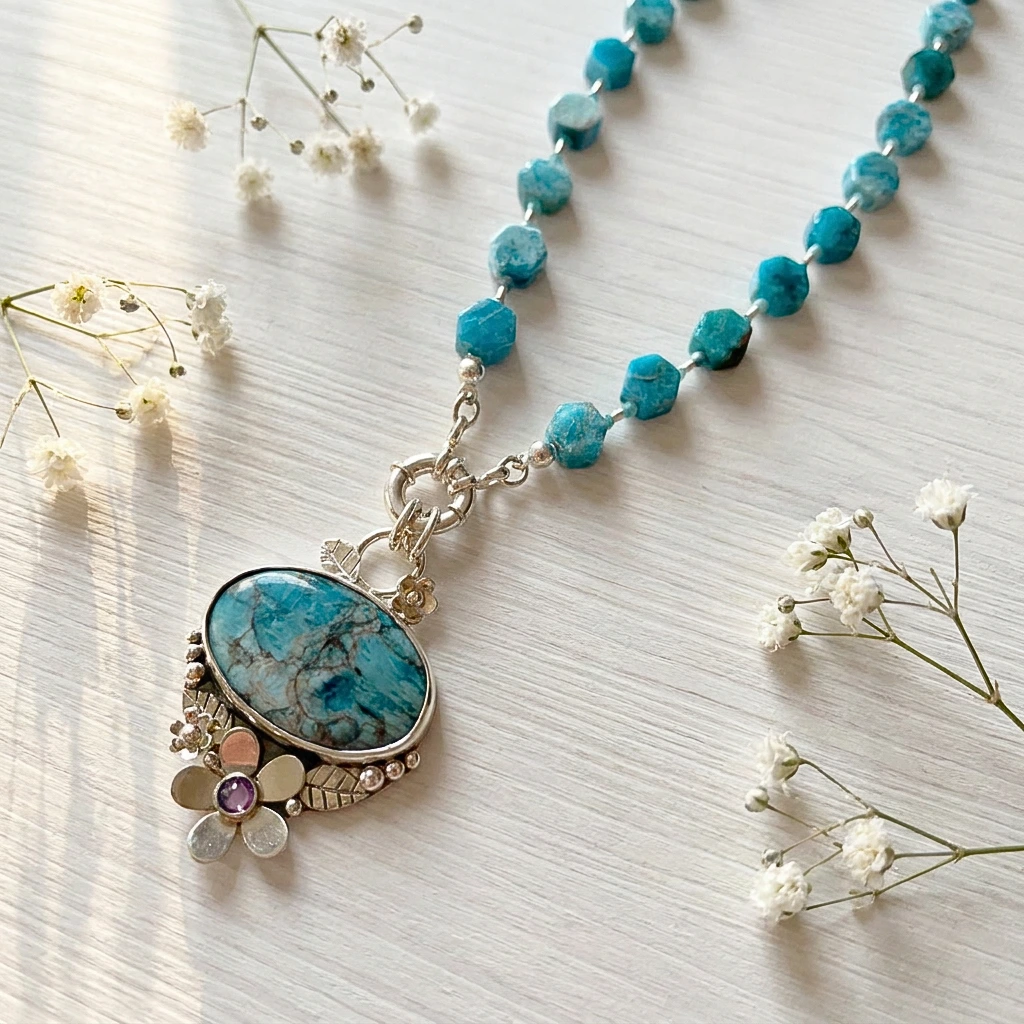 Colgante con flor de plata y piedra apatita azul