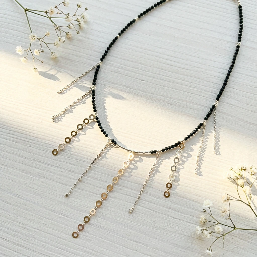 Collar hilos de plata con spinel negro
