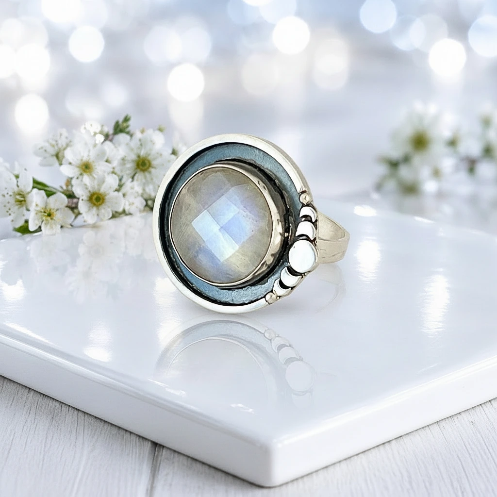 Anillo artesanal con piedra luna facetada, lunas y técnica envejecida plata 950 - Pilar Segura Orfebre Chile