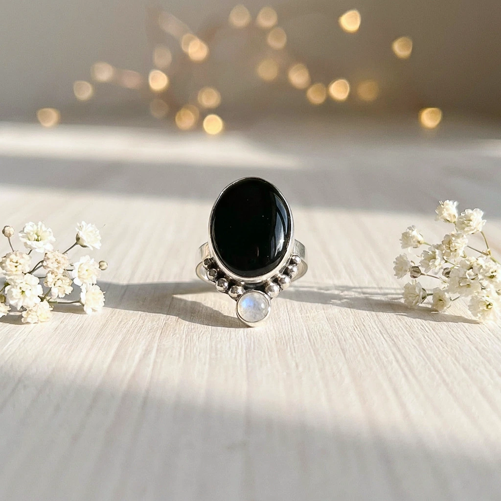 Anillo Noche Iluminada con ónix negro y piedra luna natural hecho a mano plata 950 Chile Pilar Segura