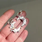 Aros de plata 950 con luna creciente, lunas pequeñas y cristal Swarovski hecho a mano Chile
