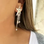 Aros de plata 950 con estrella y cadenitas de cristales Swarovski certificados hecho a mano Chile