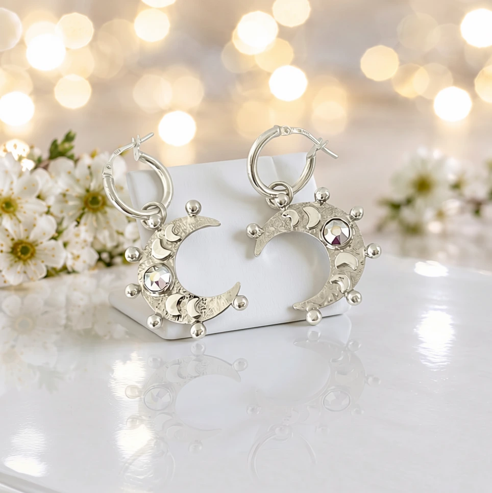 Aros de lunas con cristales swarovski certificados - plata 950