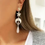 Aros de plata 950 con piedra luna natural, lunas martilladas y Swarovski hecho a mano Chile Pilar Segura