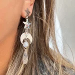 Aros artesanales únicos Firmamento con piedra luna y Swarovski certificado en plata 950 Chile