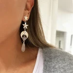 Aros colgantes artesanales con estrella, luna martillada y piedra luna natural plata 950 Chile Pilar Segura